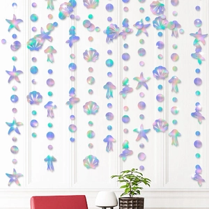 Holographic mermaid shell garland banner with sea stars for ocean theme party decorations