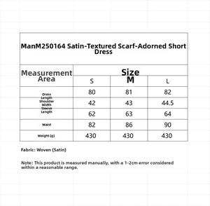 Tableau des tailles détaillé pour la robe courte en satin avec mesures du S au L