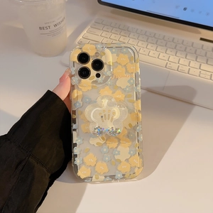 Detailed view of floral iPhone case with glitter flower stand and Jasmine lettering