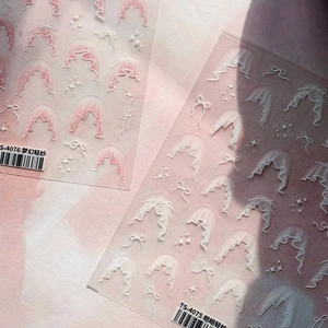Pink 3D relief bow and sheer lace nail art stickers with elegant gauze textures