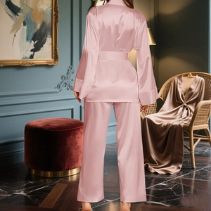 Women's pink satin kimono loungewear set with long sleeve top and wide leg pants