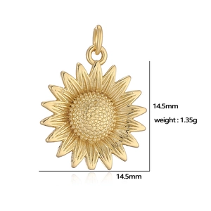 Detail of sunflower pendant with golden metal petals and size specs 14.5mm