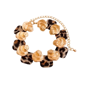 Golden shell and leopard print resin square link bracelet with adjustable chain length