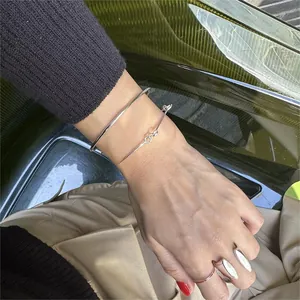 Minimalist S925 sterling silver geometric bracelets and oval stone ring on hand