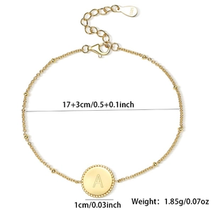 Detail of S925 sterling silver gold bracelet showing A-letter charm and size dimensions