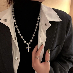 Collier Pendentif Croix Faux Künstliche Perle Alliage Strass Incrusté Tendance Y2K Style Punk Bijoux Pour Femmes