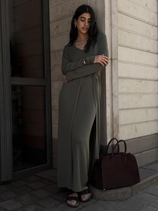 Detail of olive green knit long cardigan and slim-fit maxi dress set for women