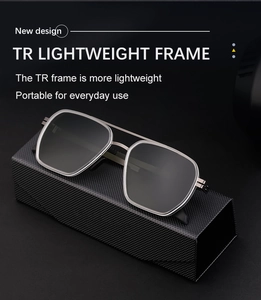 Detail of lightweight TR frame polarized sunglasses on textured presentation case