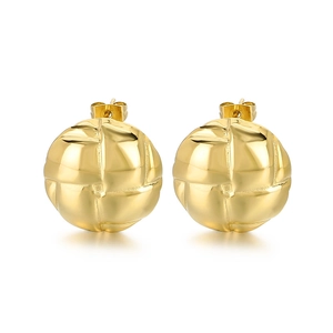 Golden spherical stud earrings with woven texture and butterfly backs on white background