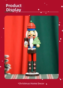 Detail of 38cm wooden gingerbread nutcracker chef holding a tree on plaid fabric