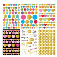 Set of 6 decorative sticker sheets with colorful stars, hearts, dots and birthday phrases