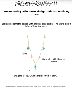 Detail showing S925 silver necklace with 4mm blue zircon pendant and dimensions info