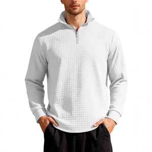 Men's white waffle knit 1/4 zip pullover sweater with stand collar and athletic texture