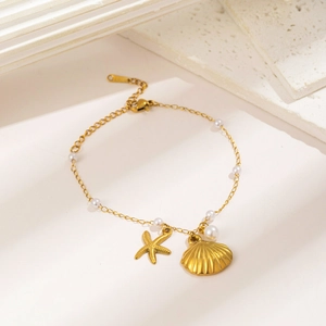 18k gold plated stainless steel starfish and shell anklet with elegant white pearls