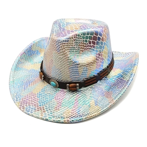 Iridescent snakeskin western cowboy hat with turquoise stone and wooden bead decor