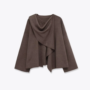 Women Asymmetrical Drape Neck Knit Sweater Long Sleeve Solid Coffee Brown Pullover Elegant Soft Top