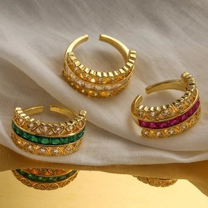 Gold-plated open rings with heart-shaped accents and colored zircon rectangle stones