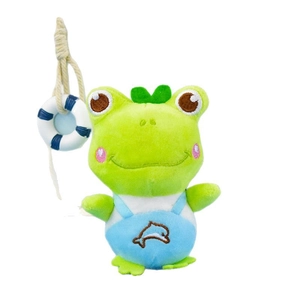 Lindo llavero de peluche de rana verde con mono azul para bolsos