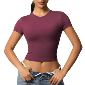 Women's tight-fit cropped athletic T-shirt in dark red for yoga and running exercise