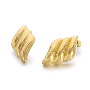 Polished 18K gold-plated angel wing stud earrings with 3D pleated flowing wave texture