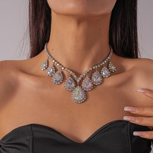 Luxury V-shaped necklace with iridescent teardrop crystals and silver-tone finish