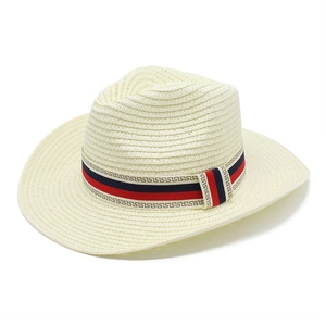 Men's Western straw fedora in cream white with stylish red and blue striped ribbon band