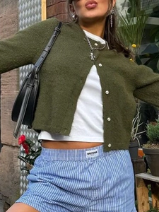 Detail view of the army green knitted cardigan with white buttons for women in casual style