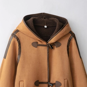 Women's camel suede hooded coat with sherpa lining and classic horn buttons