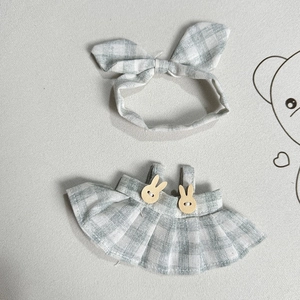 Grey plaid doll dress with bunny ears headband and wooden rabbit button accents