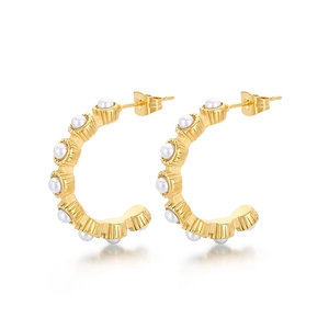 U-shaped stainless steel pearl earrings with 18K gold plating and textured metal finish