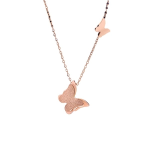 Elegant 18K rose gold titanium steel double butterfly necklace with a matte finish pendant