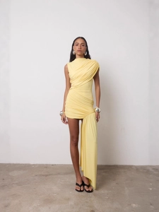 Elegant bright yellow sleeveless one-shoulder dress with side drape and pleated details