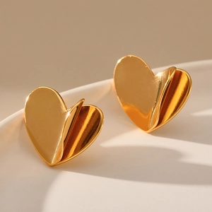 Elegant 18K gold plated 3D heart stud earrings with a glossy layered metal design