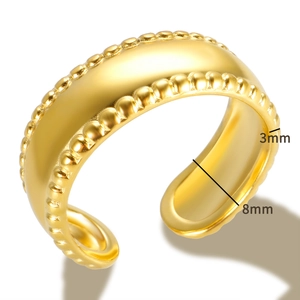 Adjustable golden beaded edge titanium steel open ring with 8mm width and 3mm thick band