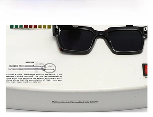 Detail view of square sunglasses showing UV400 protection test results on a detector