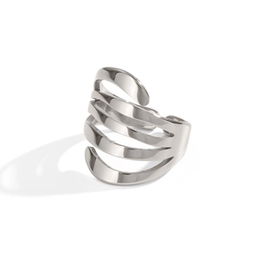 Macro shot of polished silver multi-layer hollow stainless steel ring with glossy finish