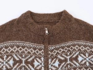 Detail eines dunkelbraunen Strickpullovers mit Rautenmuster und Metallreißverschluss am Kragen