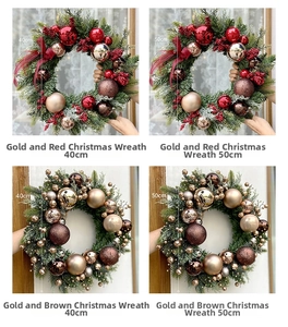 Detailed comparison of 40cm and 50cm Christmas wreaths in gold-red and gold-brown colors
