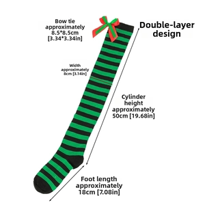Detailed measurement chart of green striped over-knee socks with festive bow knot