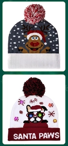 Detail of LED Christmas beanies featuring reindeer and Santa Paws bulldog designs