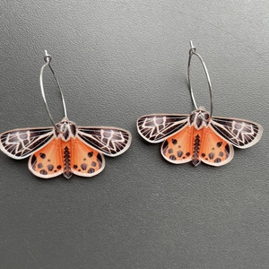 Detail view of acrylic moth earrings featuring orange wings with black spots and silver rings