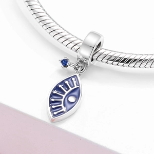 S925 sterling silver Evil Eye charm with blue enamel and zircon on a snake chain bracelet