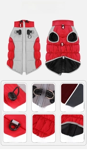 Detail view of winter dog jacket showing reflective strips, D-rings, and waterproof fabric