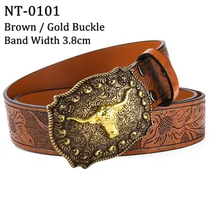 Western cowboy belt in brown embossed leather with retro gold bull head buckle, 3.8cm wide