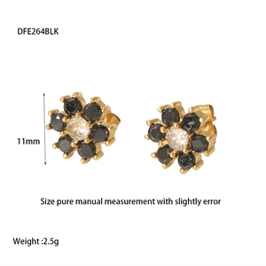 Detail view of 11mm black flower stud earrings with sparkling cz center and dimensions