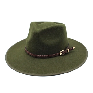 Dark forest green wide brim wool fedora hat with brown braided leather band and gold buckle