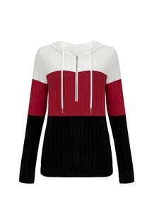 Detail of color block hoodie with half-zipper and drawstring in white, red and black colors