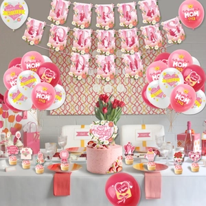 Indoor setting of Mother's Day party decor with pink balloons, banners, and cake toppers
