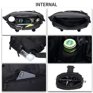 Tactical black messenger bag showing multiple inner storage compartments for laptop and gear