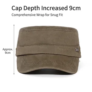 Men's dark brown cotton flat top military cap with 9cm deep crown and metal buckle
